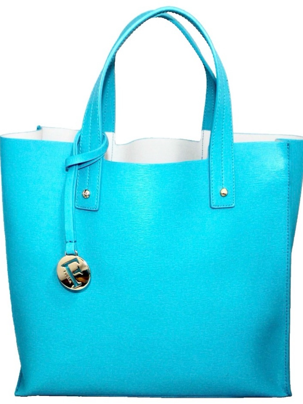 FURLA Sally Divide-It Open Top Medium Tote Bag Blue Cross Grain Leather